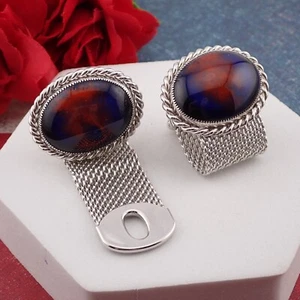 Vintage Blue Red Porcelain Oval Dome Silver Tone Removable Mesh Wrap Cufflinks - Picture 1 of 5