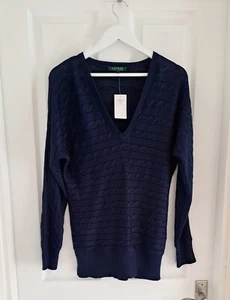 Ralph Lauren V Neck Womens Jumper Cable Knit Navy Blue Pullover Size L NWT - Picture 1 of 6