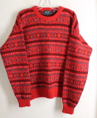 Marshall Fields New Traditions Sz L Red Wool Fair-Isle Nordic Crewneck Sweater - Image 1 of 4