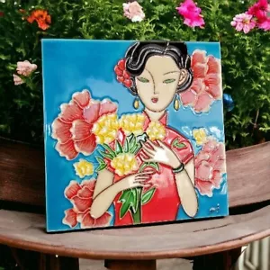 Shoubai Kunst Shanghai chinesische Emaille Kunst Fliese Frau hält Blumenstrauß 8x8" - Bild 1 von 17