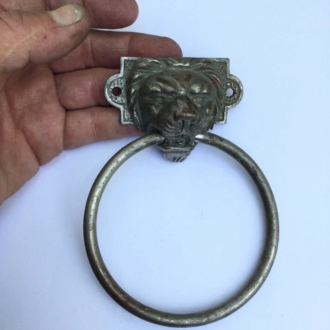 Antique Door Knocker Nickel Over Brass Lion Head Original Cover