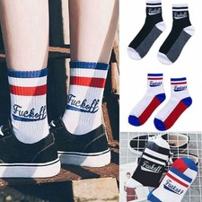 Women Men Couples Cotton Striped Socks Hosiery Fuck-off Print Funny Casual Socks