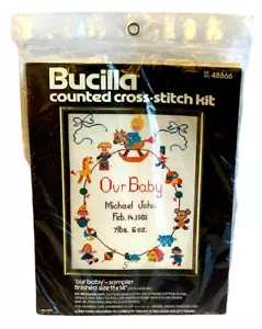 Kit de punto de cruz contado Our Baby Sampler 48866 Bucilla 11"" x 14"" vintage 1981 - Imagen 1 de 3