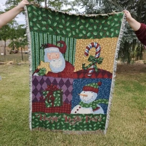 Happy Holly Days Throw Blanket with Fringe Christmas Decor Santa Snowman 45"x68" - Picture 1 of 4