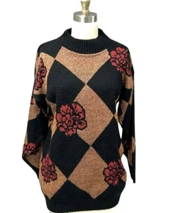 VTG 80s Harlequin Dana Scott Black/Copper/ Red Roses L Womens Sweater Goldbergs! - Picture 1 of 7