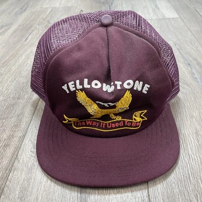 Vintage Yellowstone Park Snapback Trucker Hat Mesh Cap Maroon Made USA OSFA - Image 1 of 4