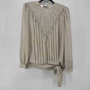 Liz Roberts Vintage Cottagecore Bluse 14 transparent beige Spitze plissiert Taille zum Binden - Bild 1 von 16