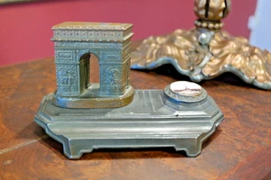 Unikat & selten 20er Jahre Paris, Frankreich, Souvenir Tintenfass -- Metall mit Holz Tintenfass - Bild 1 von 9