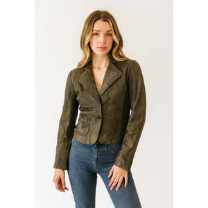 Tahari Leather Jacket Brown Floral Embroidered Women's Blazer Coat S - Picture 1 of 9