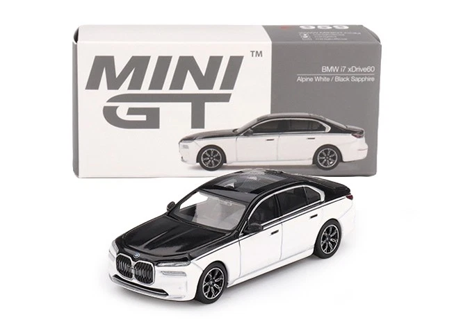 MINI GT BMW I7 Xdrive60 Alpine bianco e nero Sapphire 2024 1/64 MGT00959-L