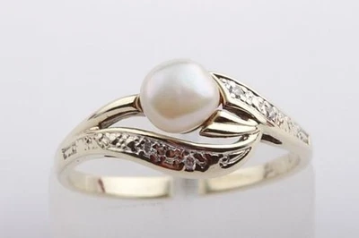 Perlen Ring 333 8K Gelb Gold Diamanten Brillanten Gr 54 Top! # - Bild 1 von 4