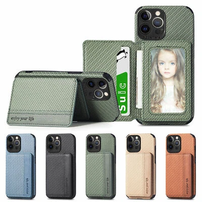 For iPhone 15/14/13/12/11/XR Back Card Holder Case Fabric Design RFID Magentic - Image 1 of 4