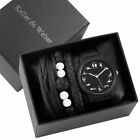 Unique Black Leather Band Quartz Watches Men's Cuff Bracelet Gift Set Box to Boy