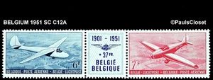 BELGIUM 1951 SC C12A 50TH ANN, OF AERO CLUB BELGIUM 6f, 7f & 37f LABEL MNH OG VF - Picture 1 of 2