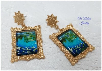 Glamouröse Ohrringe mit Seerosenteich von Monet Blau Gold Barock CatBalouJewelry - Bild 1 von 4