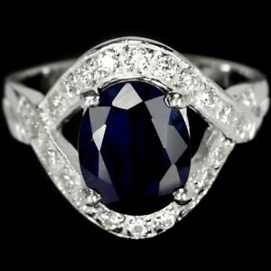 GENUINE AAA BLUE SAPPHIRE OVAL & WHITE CZ STERLING 925 SILVER RING SIZE 7.25