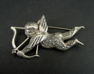 Broche Plata Cupido Arco Flecha Alas Marcasitas Plata de Ley 925 Broche Prendedor Foto 1 de 4