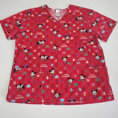 Disney cuties scrub top womens size L red mickey mouse merry kissmouse holiday - Image 1 of 4