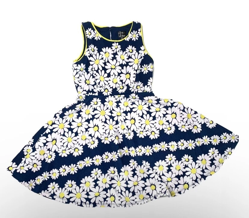Pink & Violet Daisy Skater Dress Girl 8 Med M Blue Flowers Easter Summer Party - Image 1 of 4