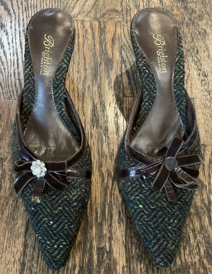 Brighton Tweed Brown Green Pointy Spool Heel Mules Shoes Women's US Size 7 M - Image 1 of 4