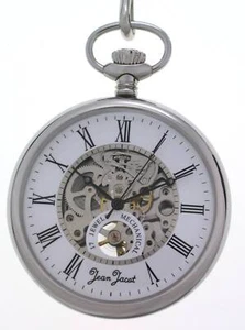 Jean Jacot Stainless Steel Lepine Skeleton Pocket Watch+Chain Hand Wound - Picture 1 of 4
