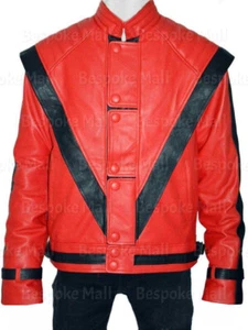 Micheal Jackson Thriller Red Black Striped Cowhide Leather Jacket All Size-42 - Picture 1 of 5