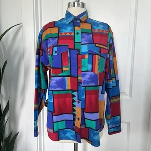 Vintage 1980’s Women’s Wrangler Colorful Geometric Button Down Shirt Size Medium - Picture 1 of 9