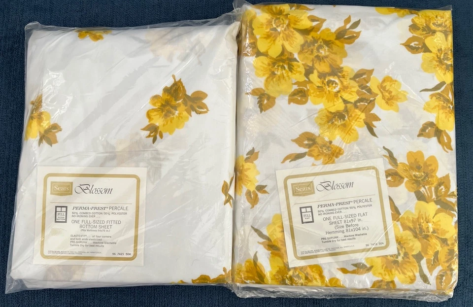 Vintage 70s Sears Blossom Yellow Floral Double Full Sheet Set Flat Fitted 2 PCS - Image 1 of 4