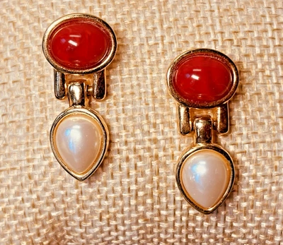 Marvella Gold Tone Faux Pearl & Red Cab Door Knocker Pierced Earrings - Image 1 of 4
