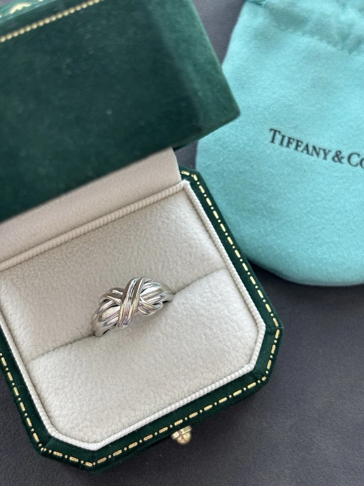 Auténtico TIFFANY&Co. Anillo de oro blanco de 18 quilates firma 1990 EE. UU. 6,5 PESADO 6,23 g Foto 1 de 4