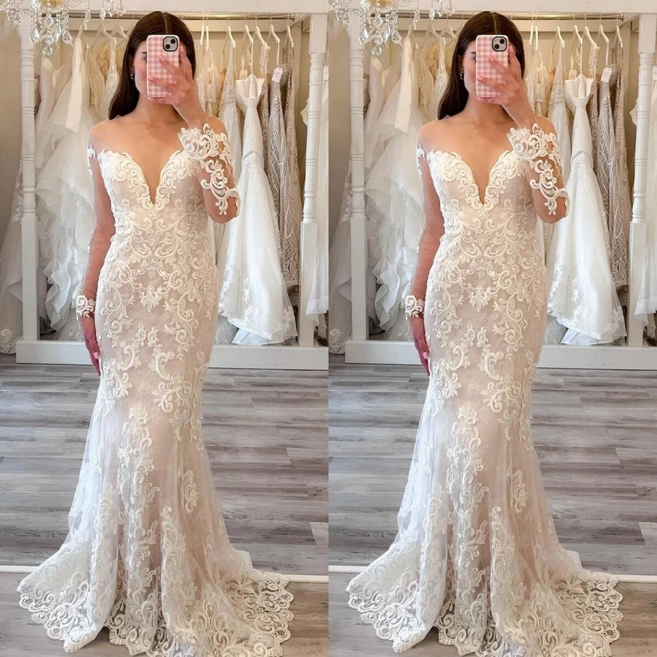 Sexy Vestidos de Novia Sirena Mangas Largas Cuello en V Elegantes Playa Foto 1 de 4