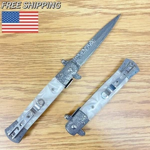 9" Milano Damascus Spring Assisted Open White Folding EDC Pocket Stiletto Knife - Picture 1 of 6
