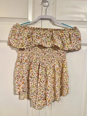 Derek Heart Strapless Pull-on Romper Orange Pink Green Floral Size Medium - Image 1 of 4