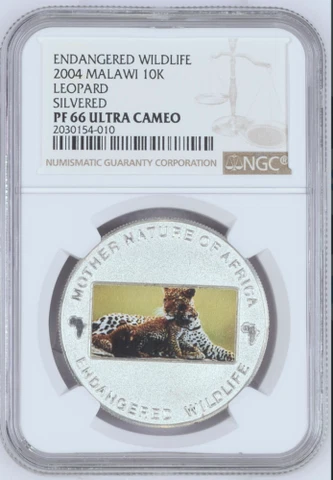 2004 MALAWI AFRICAN 10 KWACHA LEOPARD WITH CUB GRADED NGC PF-66 UCAM, TOP POP 1 Cover