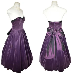 Vintage 1980s Laura Ashley Dress Prom Strapless Boned Purple Velvet Small - Picture 1 of 9
