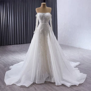 Sequin Wedding Dresses Off Shoulder Full Sleeves Lace Up A-line Bridal Gowns - Picture 1 of 10