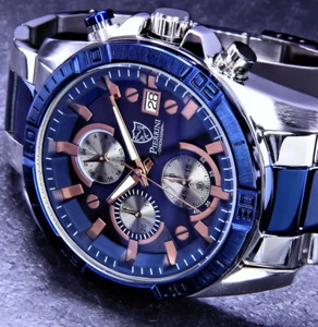 Pierrini Herren Armband Uhr Blau Rose Gold Silber Farben Chronograph Stoppuhr - Bild 1 von 2