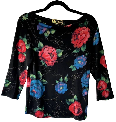 MIRASOL Stretch Floral Top Size S Black Travel Business 3/4 Sleeves - Image 1 of 4