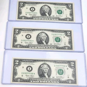 3 Rare Uncirculated 2003 Consecutive Low Tripling Serial Numbers $2 Dollar Bills - Picture 1 of 24