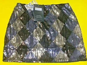 Envy Me DIAMOND PATTERN MEDIUM Silver/Black/Gunmetal Sequin Mini-Skirt VERY RARE - Picture 1 of 12