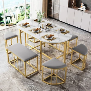 Dining Table and Chairs Set with 6 Stools Space Saving Furniture for 6-8 Persons - Picture 1 of 10