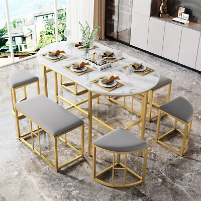 Dining Table and Chairs Set with 6 Stools Space Saving Furniture for 6-8 Persons - Image 1 of 4