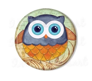 Cute Blue Orange Tree Owl - Handmade Pocket Mirror, Magnet, or Pinback 2.25" - Picture 1 of 4