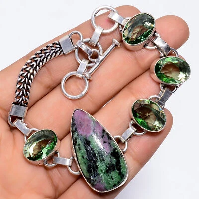 Brazalete de plata 925 de moda con piedras preciosas de amatista verde zoisita rubí 7-8,5" ARB-853 Foto 1 de 3