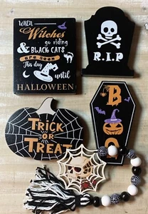 5Pcs Halloween Tiered Tray Decor Thick Wood Block Signs Beaded Garland - Picture 1 of 3