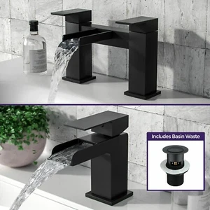 Matt Black Bathroom Tap Set Waterfall Bath Shower Basin Mixer Tap Bath Waste - Picture 1 of 7