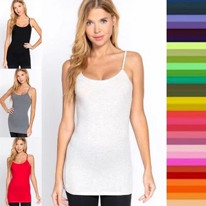 Women's Long Cotton Cami Adjustable Strap Soft Stretch No Bra Tunic Tank Top - Picture 1 of 144