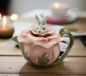 Ceramic Bunny Rabbit on a Rose Teapot, Gift for Her, Gift for Mom, Tea Party Déc - Picture 1 of 6