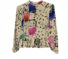 Cream Silk Blouse Jacket Abstract Art Peplum Size 10 Vintage UMI Collections