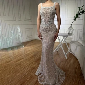 Vestido de Noche Cuadrado Perla Correa para el Hombro Baile de graduación Vestido de Encaje Sirena Vestidos de Noche - Imagen 1 de 9